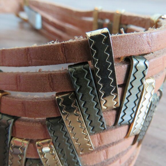 VINTAGE JOSE COTEL Multi Strand Southwestern Boho Wide Tan Leather Belt - Picture 4 of 12